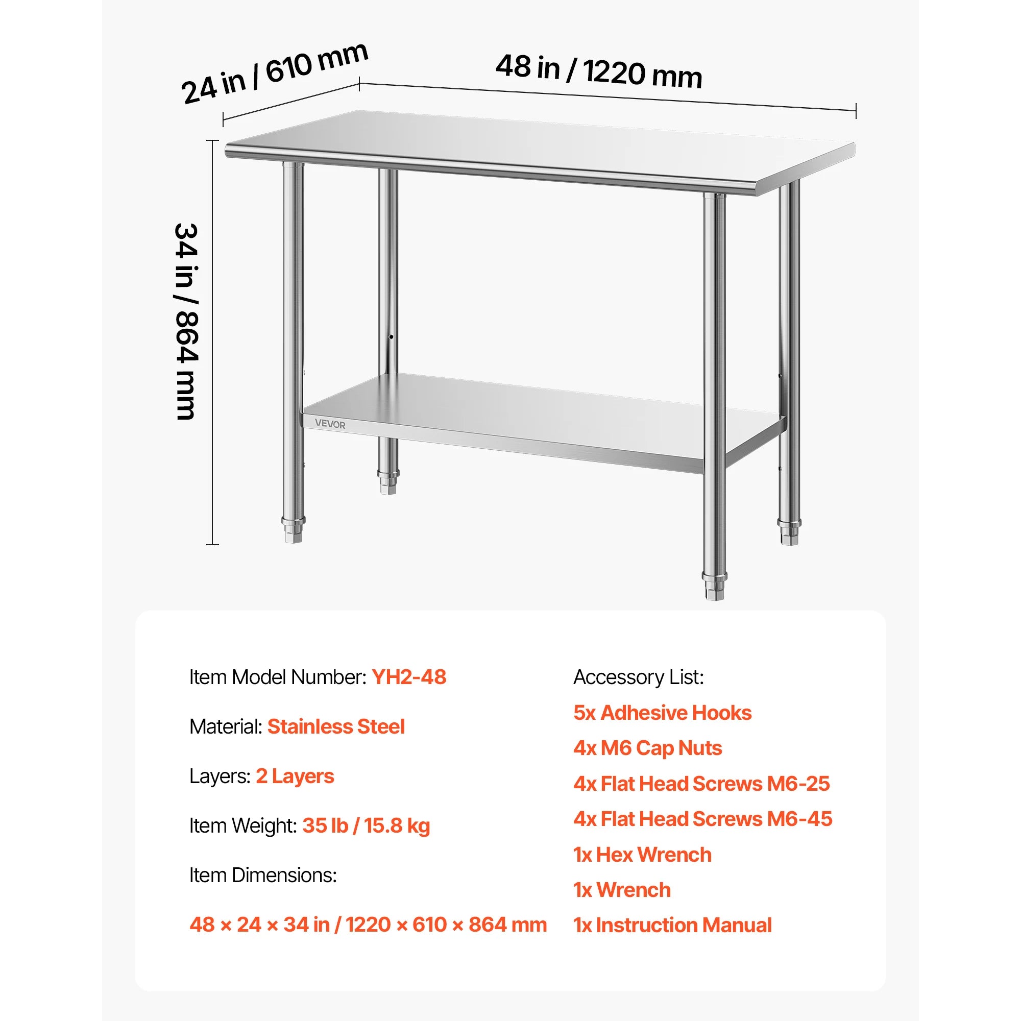 SucceBuy Stainless Steel Work Table with Backsplash Adjustable Undershelf Metal Utility Worktable for Restaurant Home Outdoor