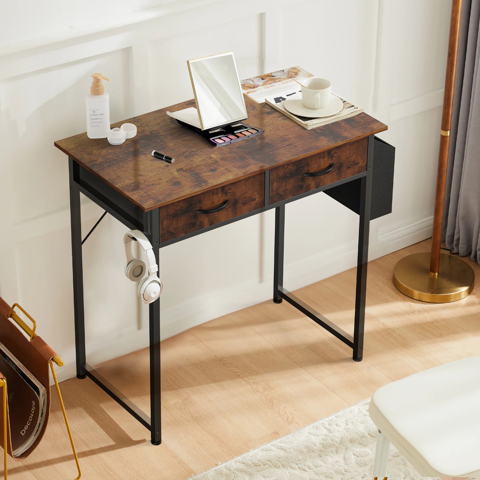 32-Inch Modern Office Desk with Fabric Drawers and Side Storage Bag