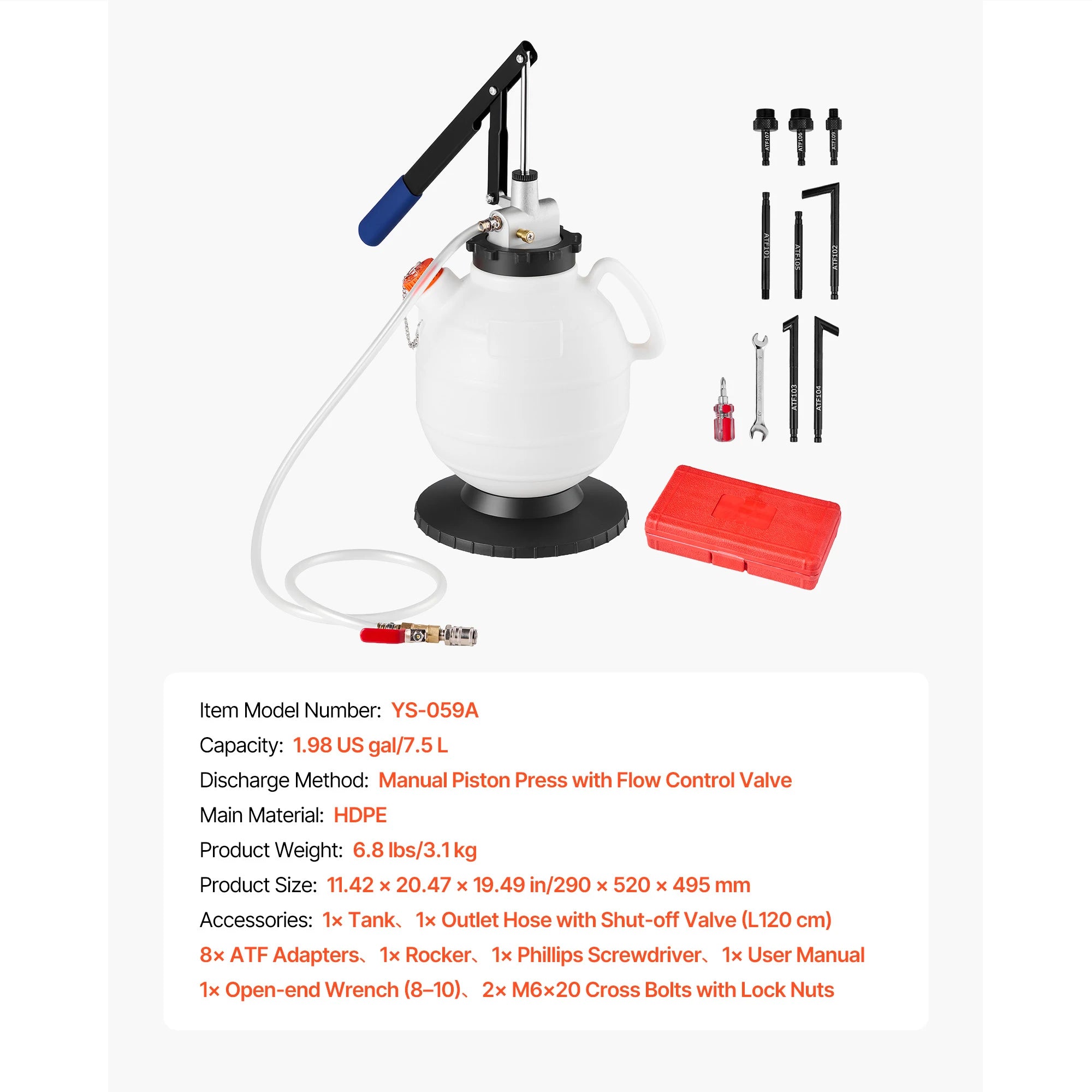 7,5L transmissionsvæskepumpe med 8 ATF-adaptere og 47 tommer slange
