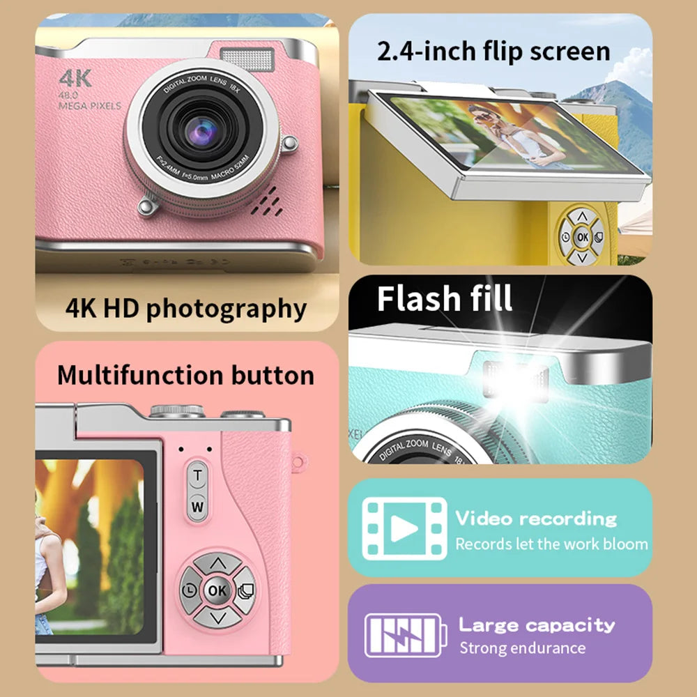 4K Digital Camera with 48MP, 8X Zoom, 180° Flip Screen, 32GB Card
