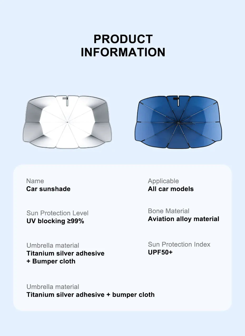 SEAMETAL Upgraded Windshield Sun Shade for Car Heat Insulation Sun Protection Cover UPF50+ UV Blocking Auto Sunshade Umbrella