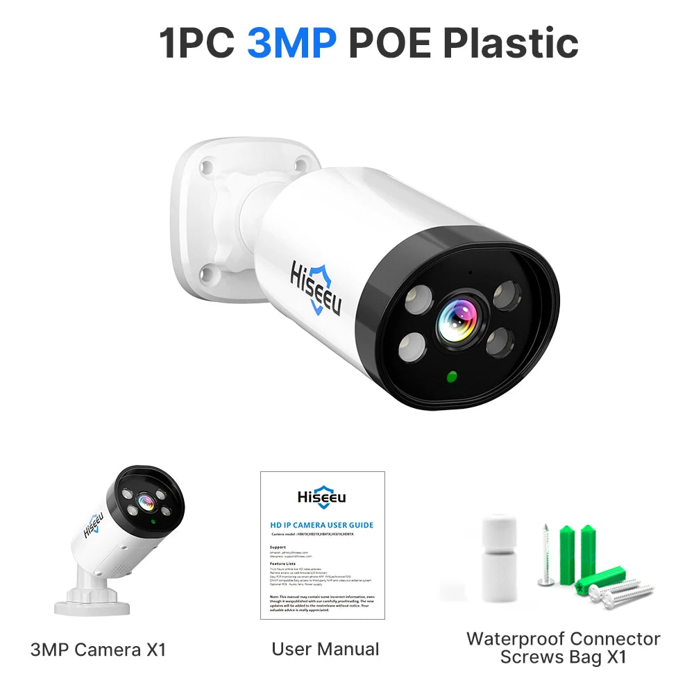 3MP POE IP Camera with Audio, Night Vision, ONVIF