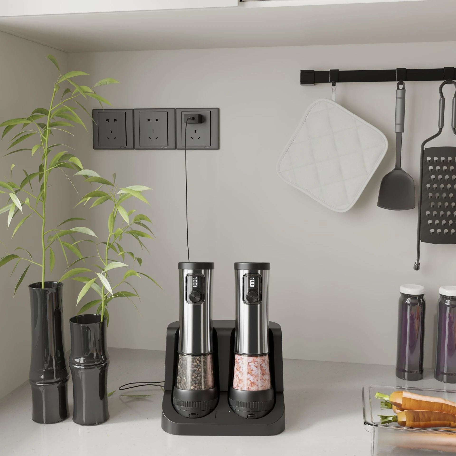 Electric Salt & Pepper Grinder Set with Rechargeable Base & LED