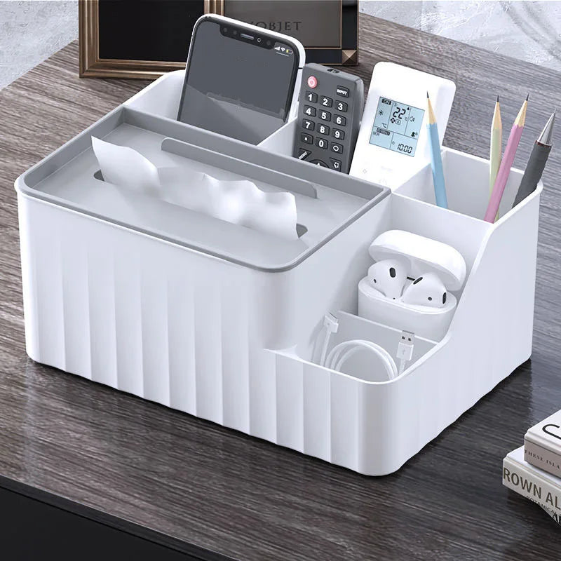 6-Section Desk Organizer - Multifunctional Tissue Box with Remote Holder, Plastic Storage for Living Room, Kitchen & Office