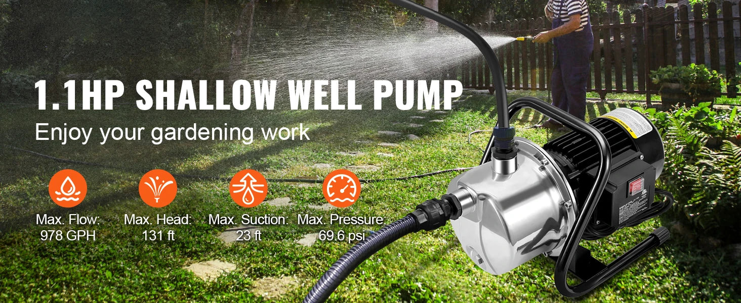 SucceBuy Shallow Well Pump 1.1 HP 115V 978GPH 131ft Height 69.6psi Max Pressure Portable Sprinkler Booster Jet Pumps Irrigation