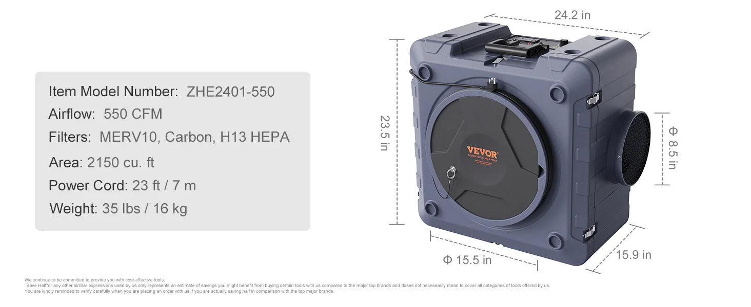 3-trins luftrenser med HEPA-filter og 550 CFM negativ luftmaskine