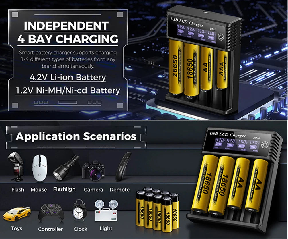 LCD USB Battery Charger - One to Four Slots