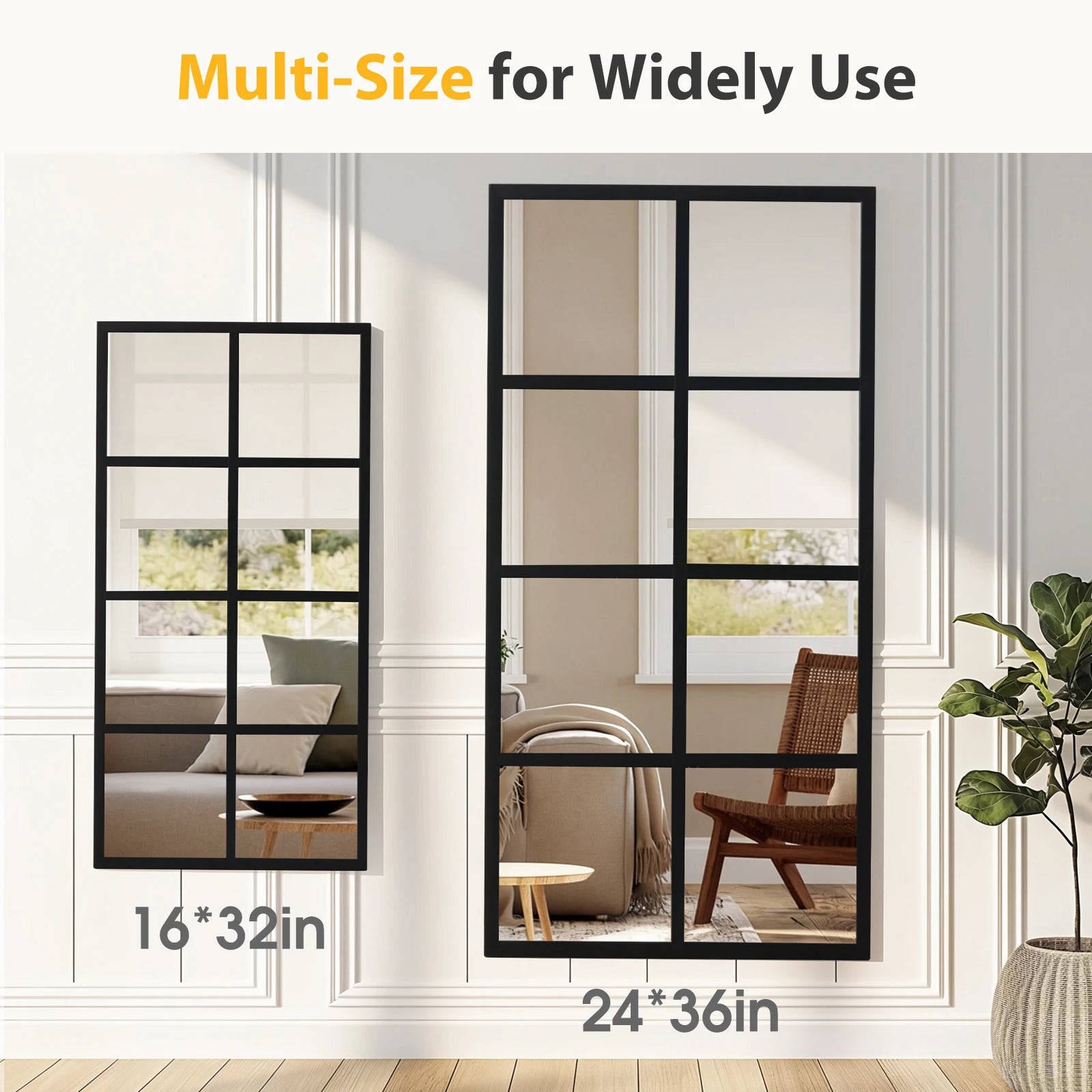 16" x 32" Window Pane Wall Mirrors Set of 2 Metal Frame
