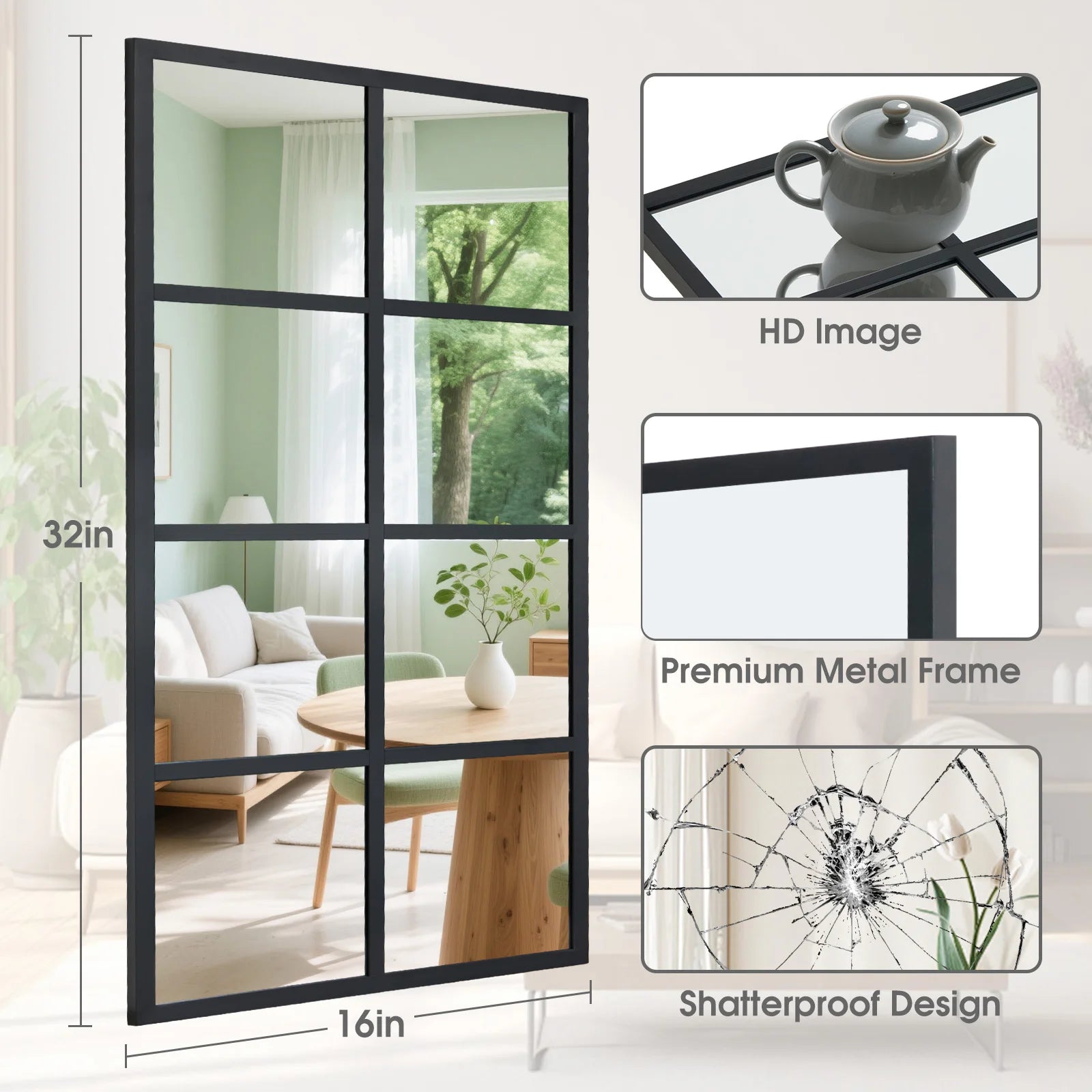 16" x 32" Window Pane Wall Mirrors Set of 2 Metal Frame