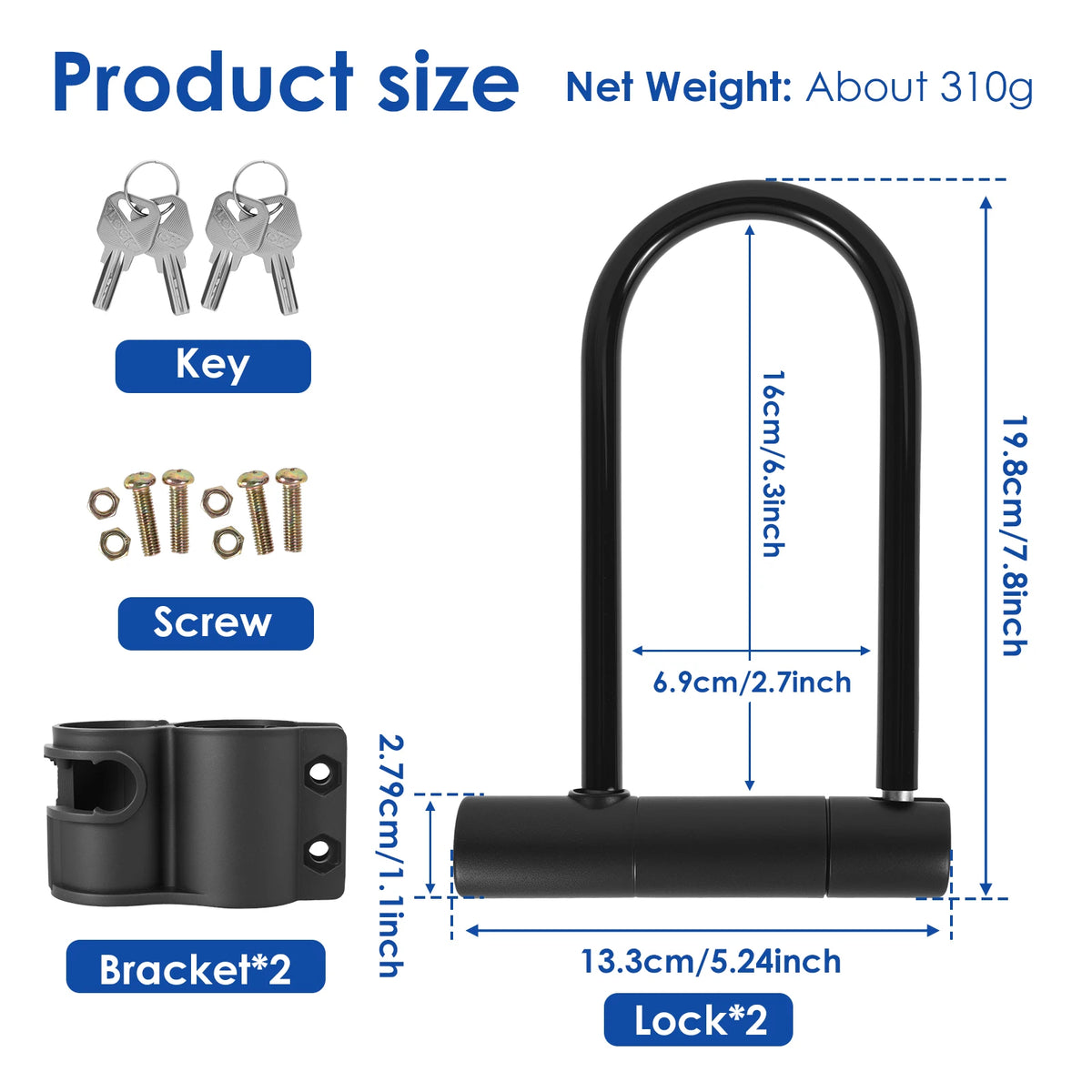 Metal U-Lock for Bicycles and Scooters with Two Keys