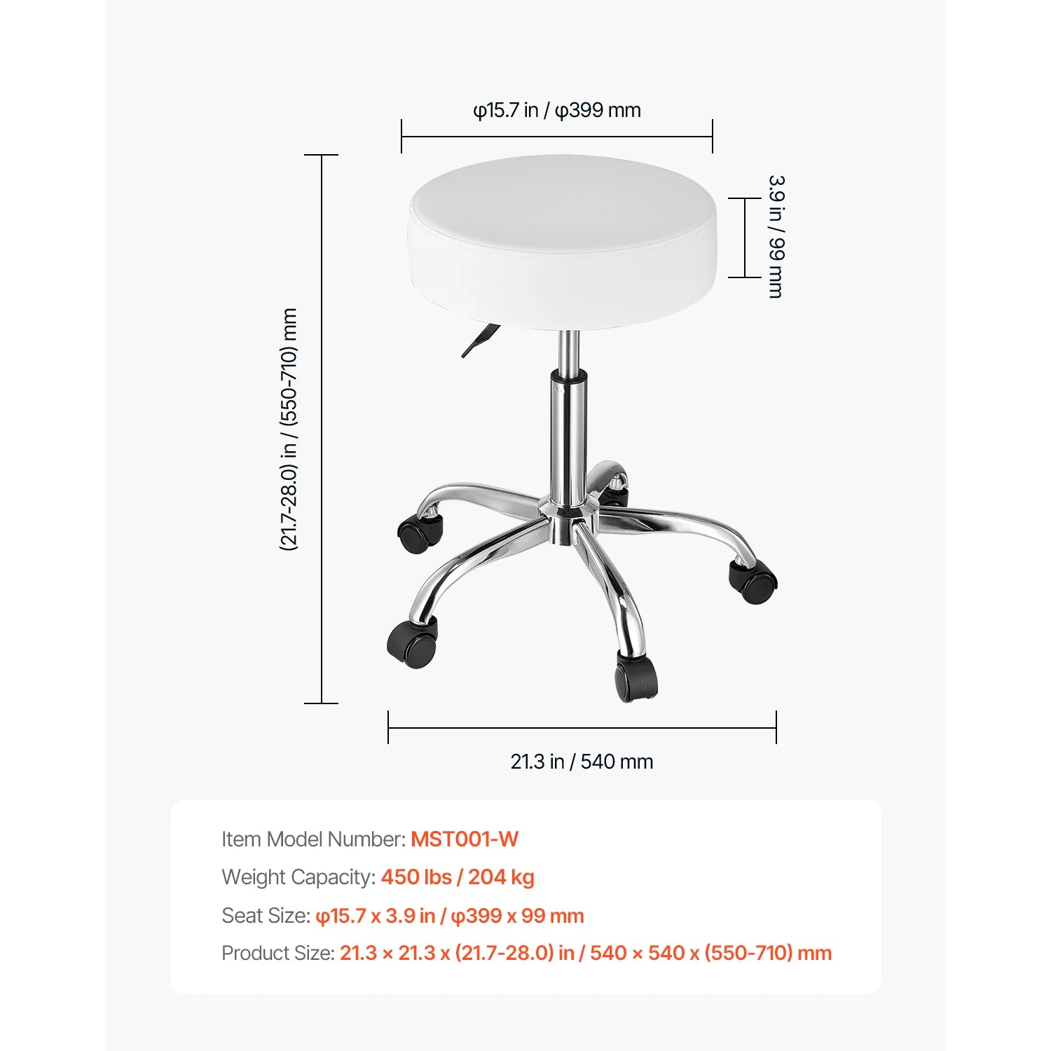 Rolling Stool Chair with Wheels 450 lb Capacity Adjustable Height