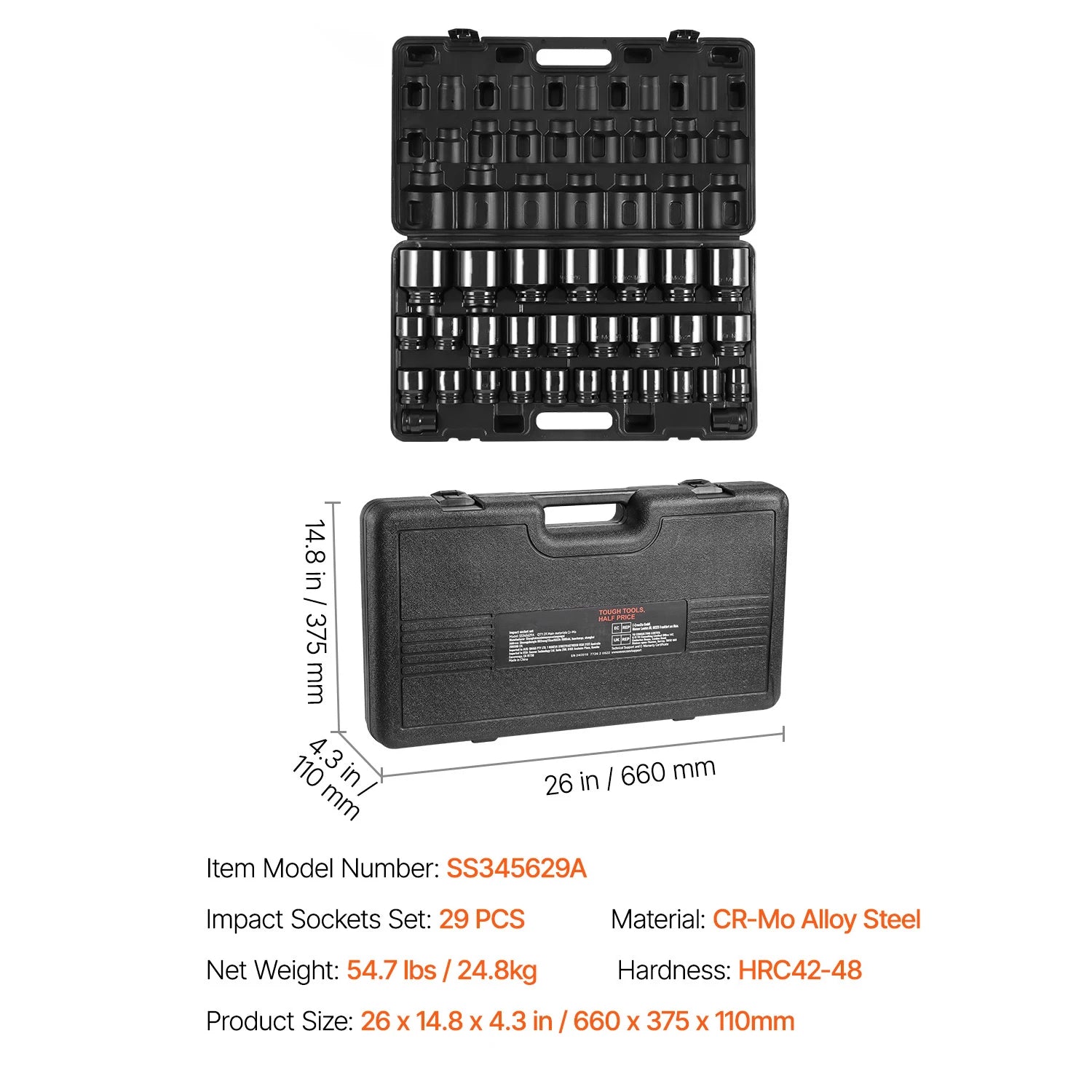 Set udarnih nasadnih ključeva 1/2'' pogon SAE i metrički, duboki/standardni 26–65 komada