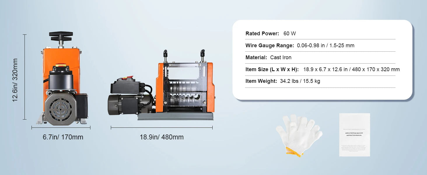 SucceBuy 60W 1.5-25mm Electric Wire Stripping Machine Visible Stripping Depth 6 Round+1 Flat Channels for Scrap Copper Recycling