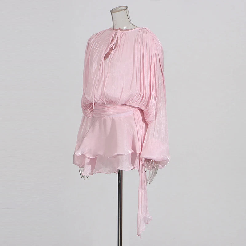 TWOTWINSTYLE Solid Patchwork Lace Up Blouse Mini Dresses For Women V Neck Long Sleeve Sweet Style Dress Female Clothing Fashion