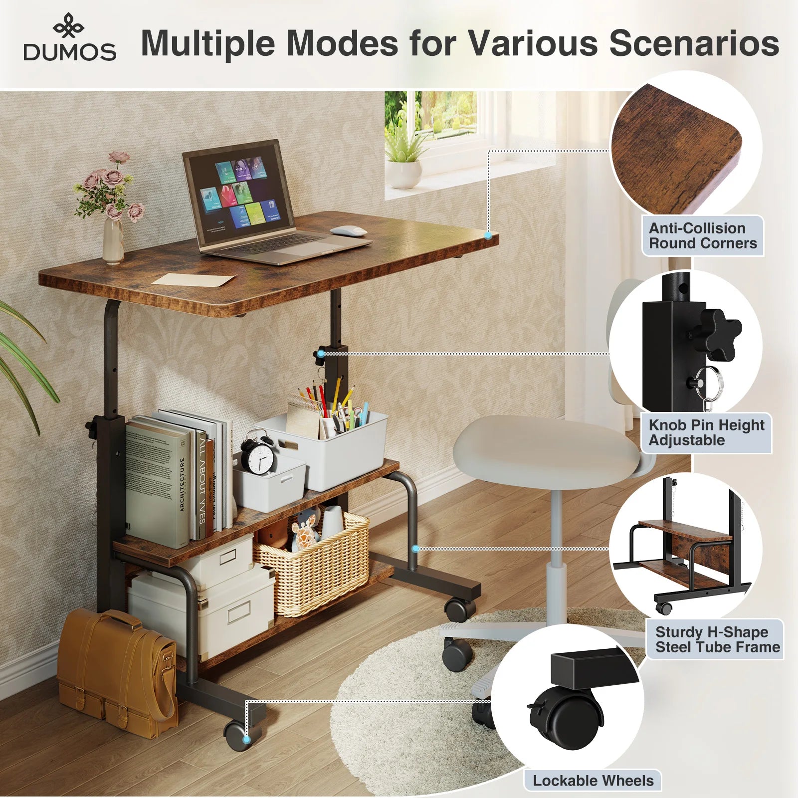 Adjustable Height Mobile Standing Desk with Wheels 31.5 Inch