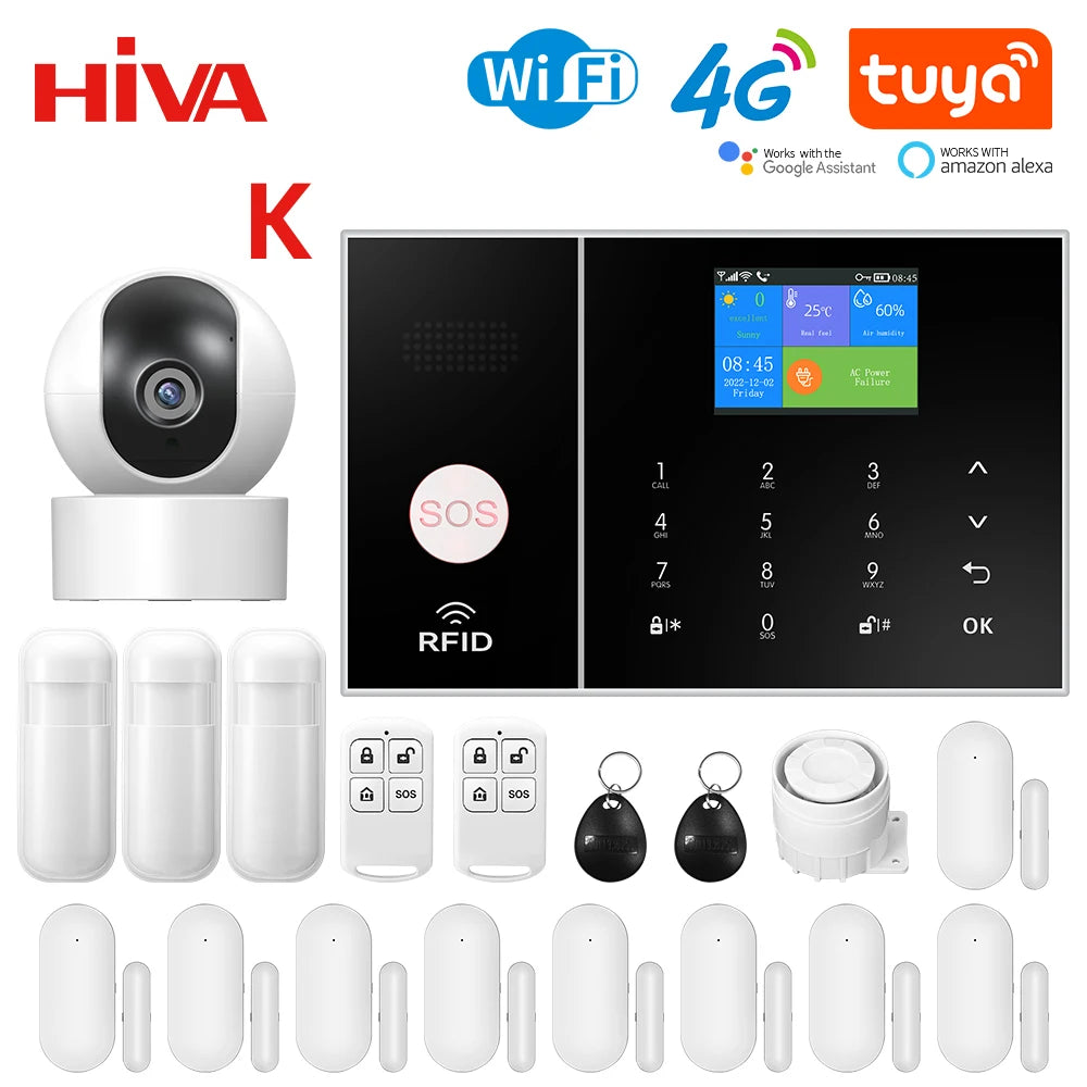 HIVA 4G Security Alarm System For Home WiFi Tuya Smart Life App Control Burglar Alarm Kit Work With Alexa With Pir Door Sensor