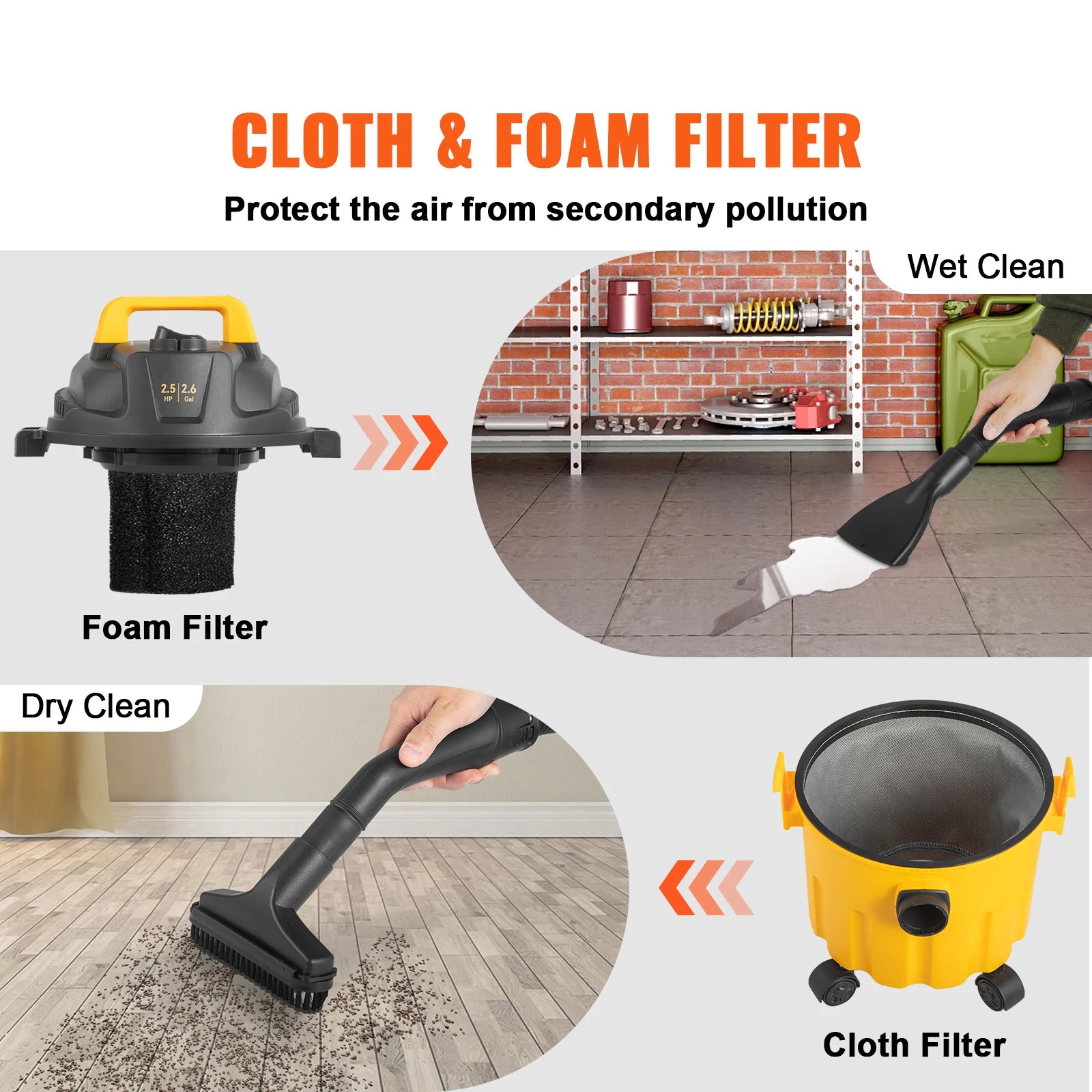 Wet Dry Shop Vacuum 2.6 Gallon 2.5HP Portable 3-in-1 Cleaner