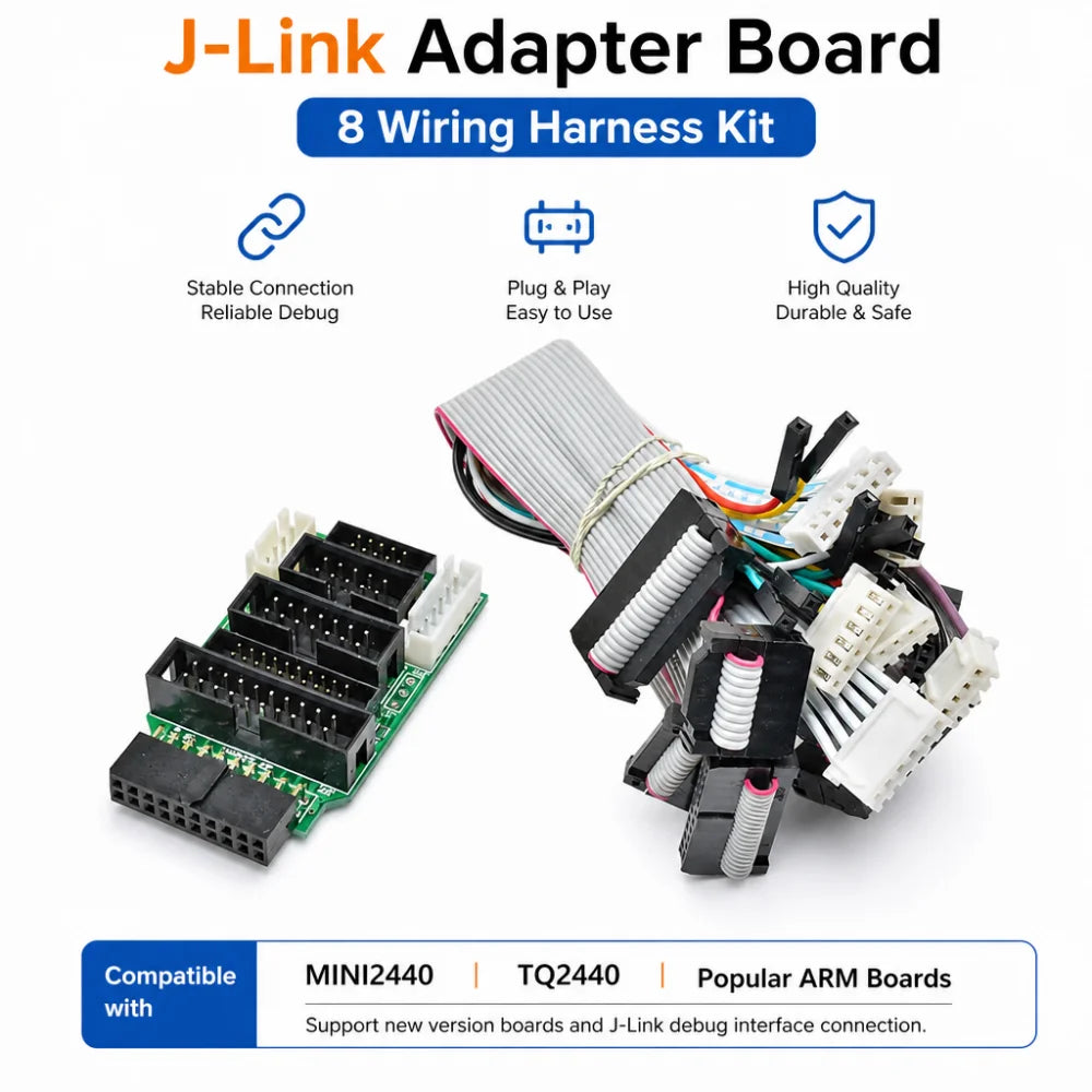 Placă adaptor J-Link, compatibilă cu MINI2440, TQ2440 și plăci ARM populare; include 8 cabluri de date (4P, 6P, 10P și 20P)
