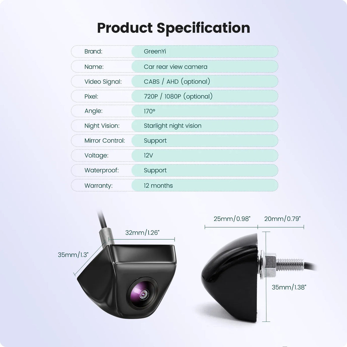 1080P Car Rear View Camera 170° Wide Angle Night Vision Waterproof