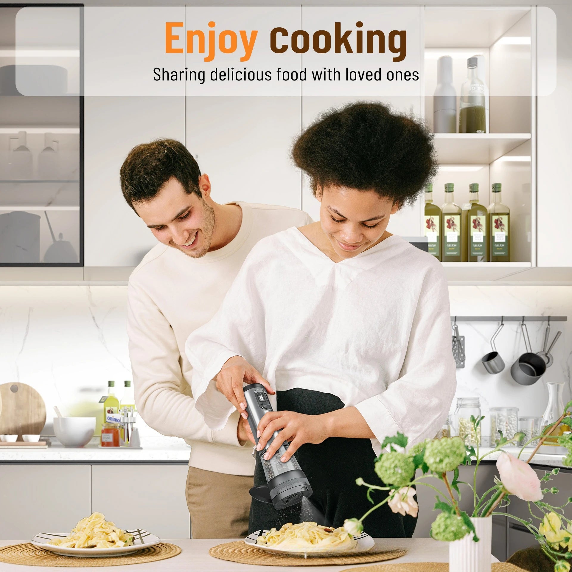 Electric Salt & Pepper Grinder Set with Rechargeable Base & LED
