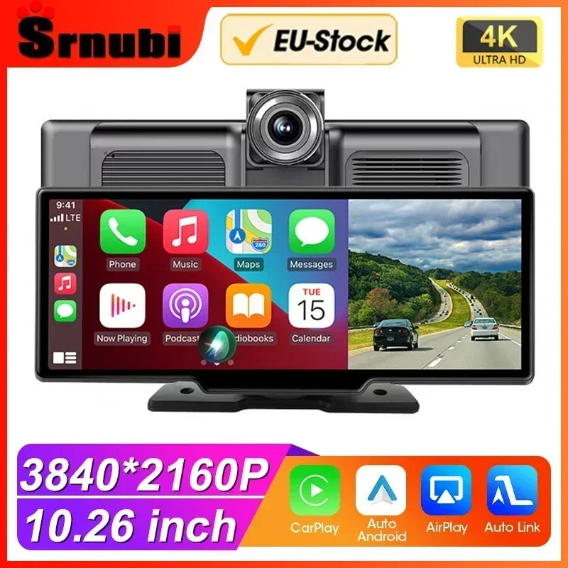 10.26 Inch Dash Cam Rearview Mirror Display with Wireless CarPlay and Android Auto, 4K Front and 1080P Rear Recording