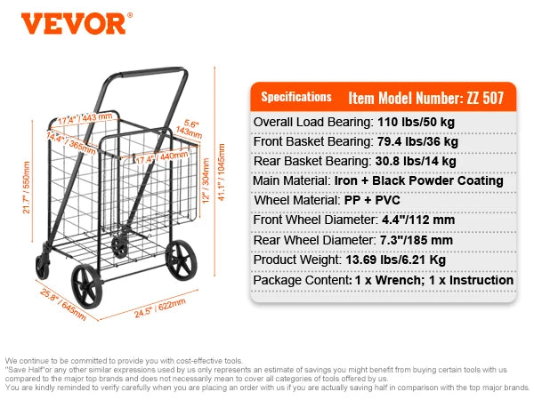 Chariot de courses pliable avec doublure imperméable et capacité de 330LB