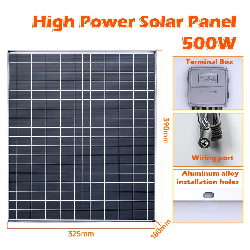 500W Rigid Monocrystalline Solar Panel with Aluminum Frame 12V Battery Charger for RV Camping Boat Home Off Grid Power USB