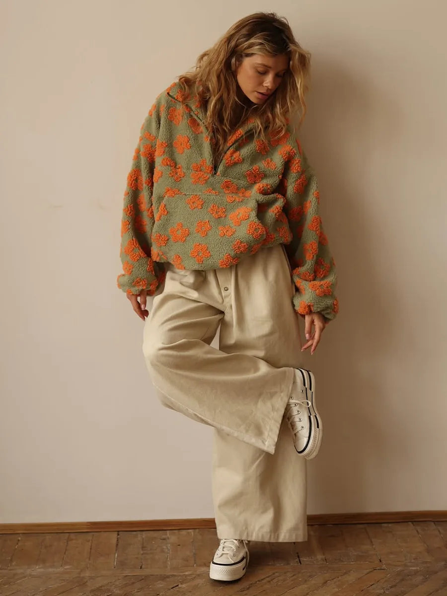 Dames Floral Sherpa Halve Rits Trui – Comfortabele Loszittende Sweater