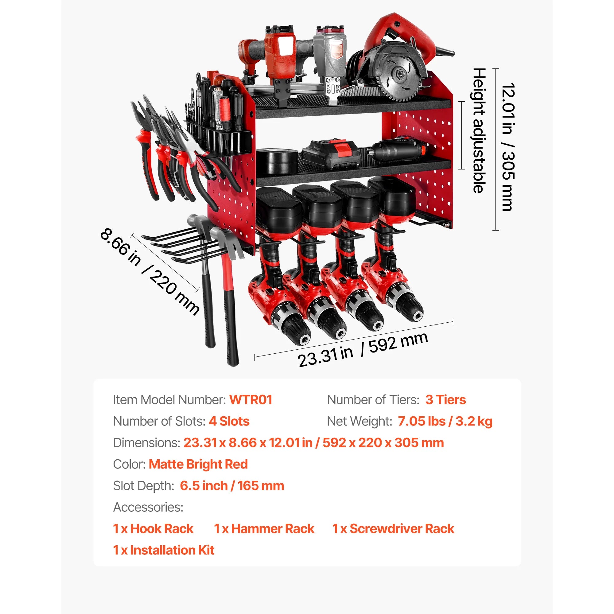 3-Tier Power Tool Organizer Wall Mount Rack with Drill Storage