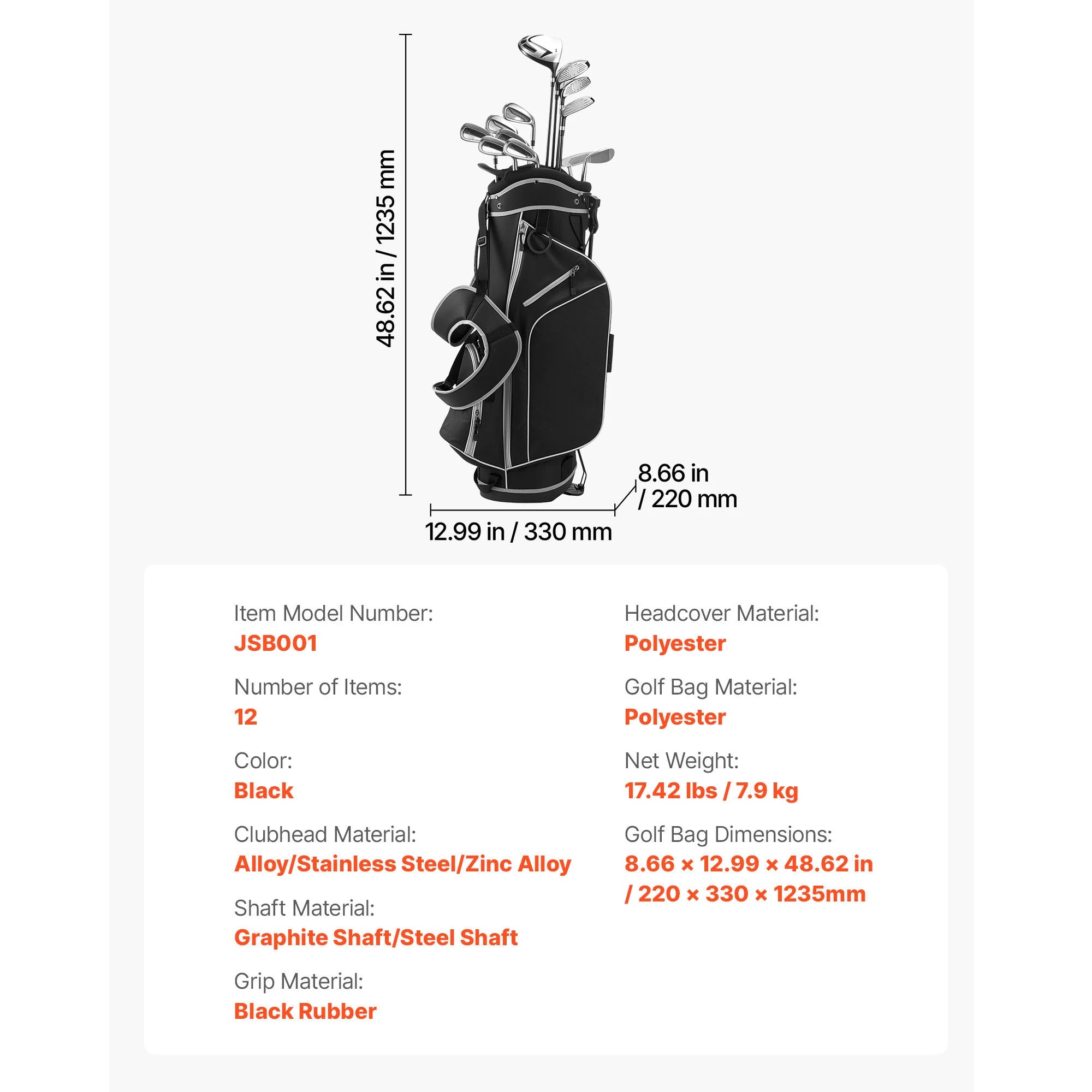 SucceBuy Golf Club Set 12 Pieces Right Handed with 460CC #1 Driver #3 & 5 Fairway Wood #4 Hybrid #5/#6/#7/#8/#9/#PW/#SW Irons