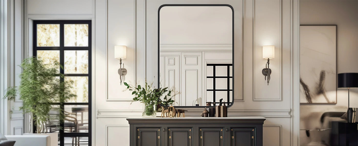Large 30x40 Inch Black Framed Wall Mirror with Tempered Glass
