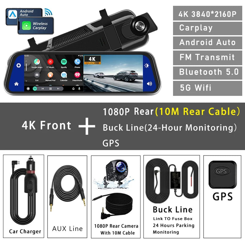 10" Dash Cam 4K 3840*2160P Car Dvr Carplay Android Auto GPS 5G WIFI AUX Stream RearView Mirror Dashcam Camera Drive Recorder FM