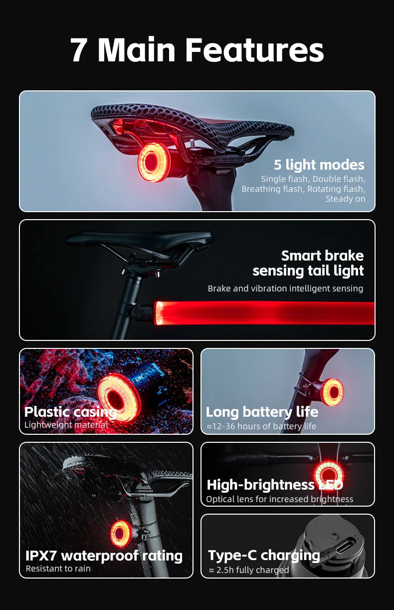 Smart Bike Tail Light with Auto Sensing & Waterproof IPX7