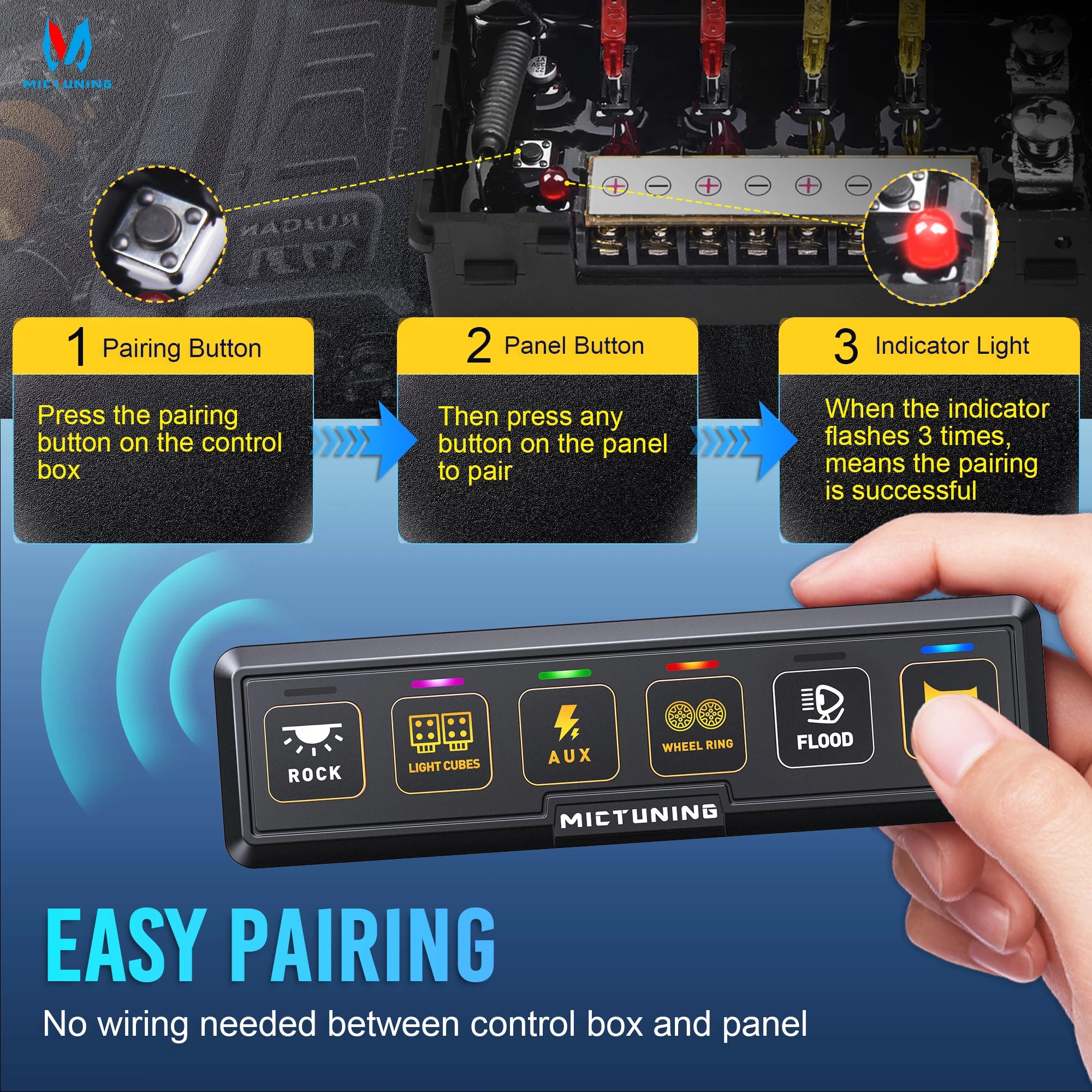 MICTUNING BB40 4-Gang/6-Gang Wireless Switch Panel, 164FT Control Range Auxiliary ON-OFF Relay Circuit Box AAA Batteries for Car