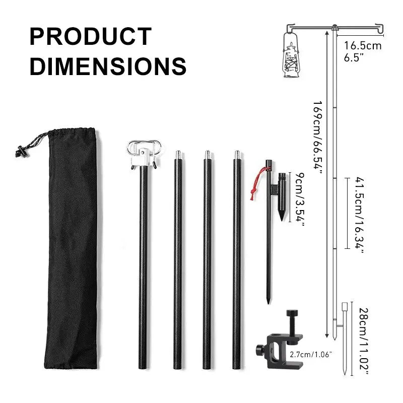 Camping Lantern Stand with Double Hooks, Foldable Aluminum Pole