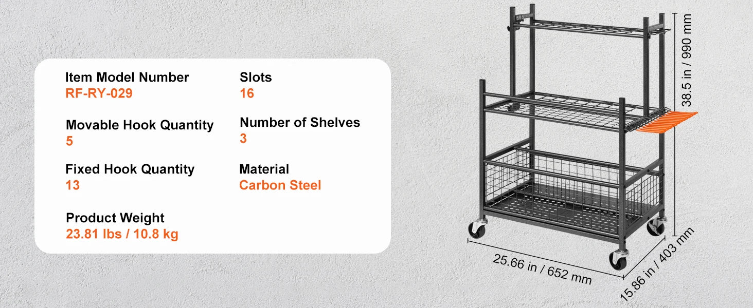 SucceBuy 16 Slots Garden Tool Organizer Yard Tool Tower Rack with Hooks Wheels Long-Handled Rake Stand Holder for Garage Storage