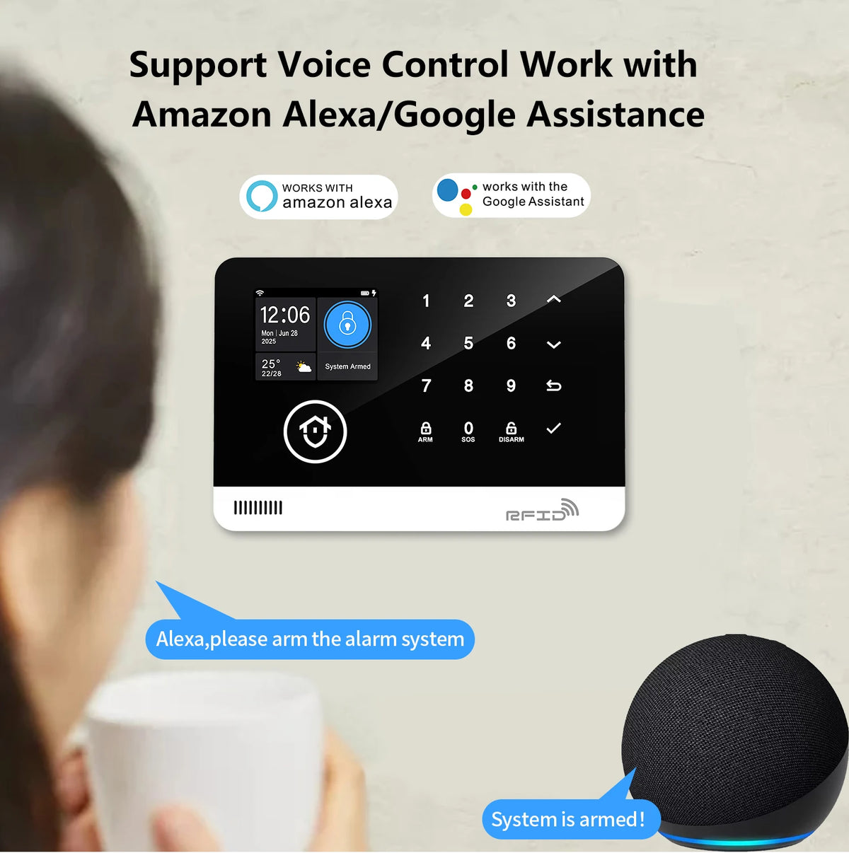Tuya WiFi GSM Home Security Alarm System Kit, 2.4" Touch Screen RFID Keypad Burglar Alarm with Door Sensor, PIR Motion Detector, Remote Control, Works with Alexa & Google Assistant, App Push/SMS/Call Alert