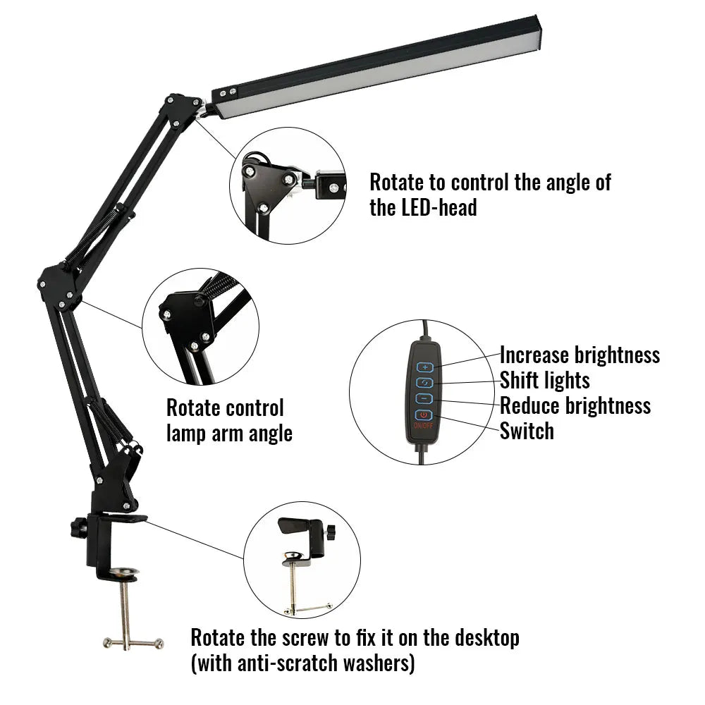 Stolní LED lampa s upevňovací svorkou, otočným ramenem a 3 režimy svícení