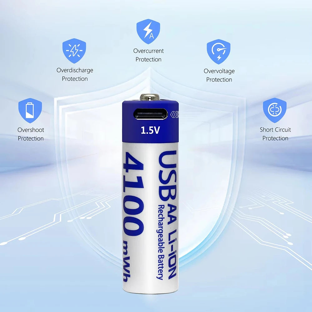 Kuugro AA 1.5V 4100mWh USB Rechargeable Battery Type-C Rechargeable AA Li-ion Battery for Remote Control Smart Door Lock Toys