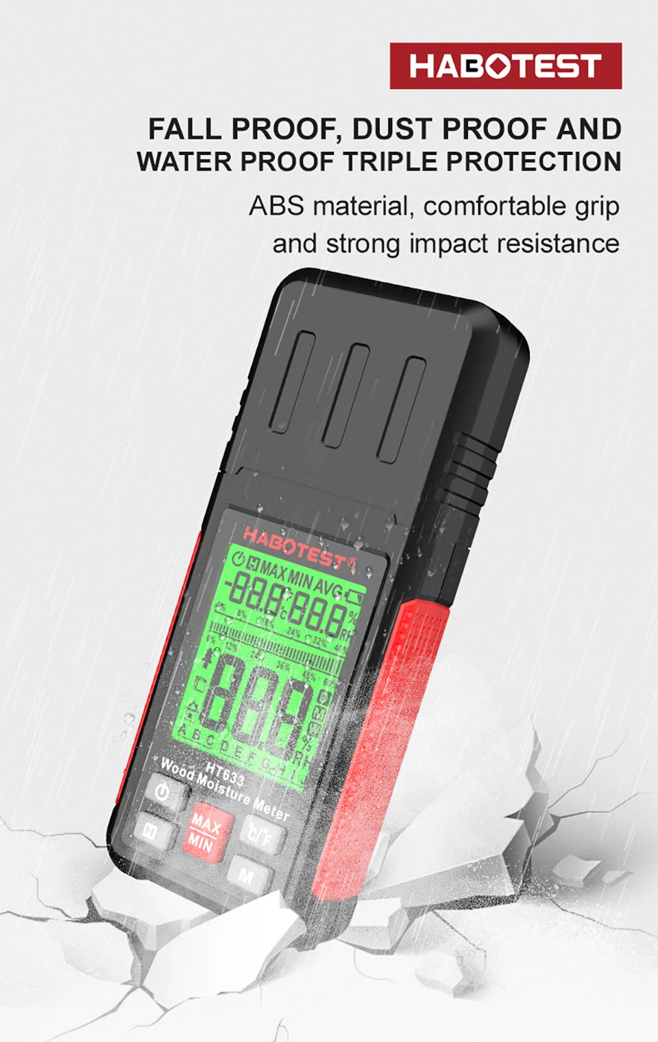 Wood Moisture Meter, Digital Humidity Meter with 3 Colours Backlit LCD,Moisture Meter Detector for Walls,Logs,Firewood,Building
