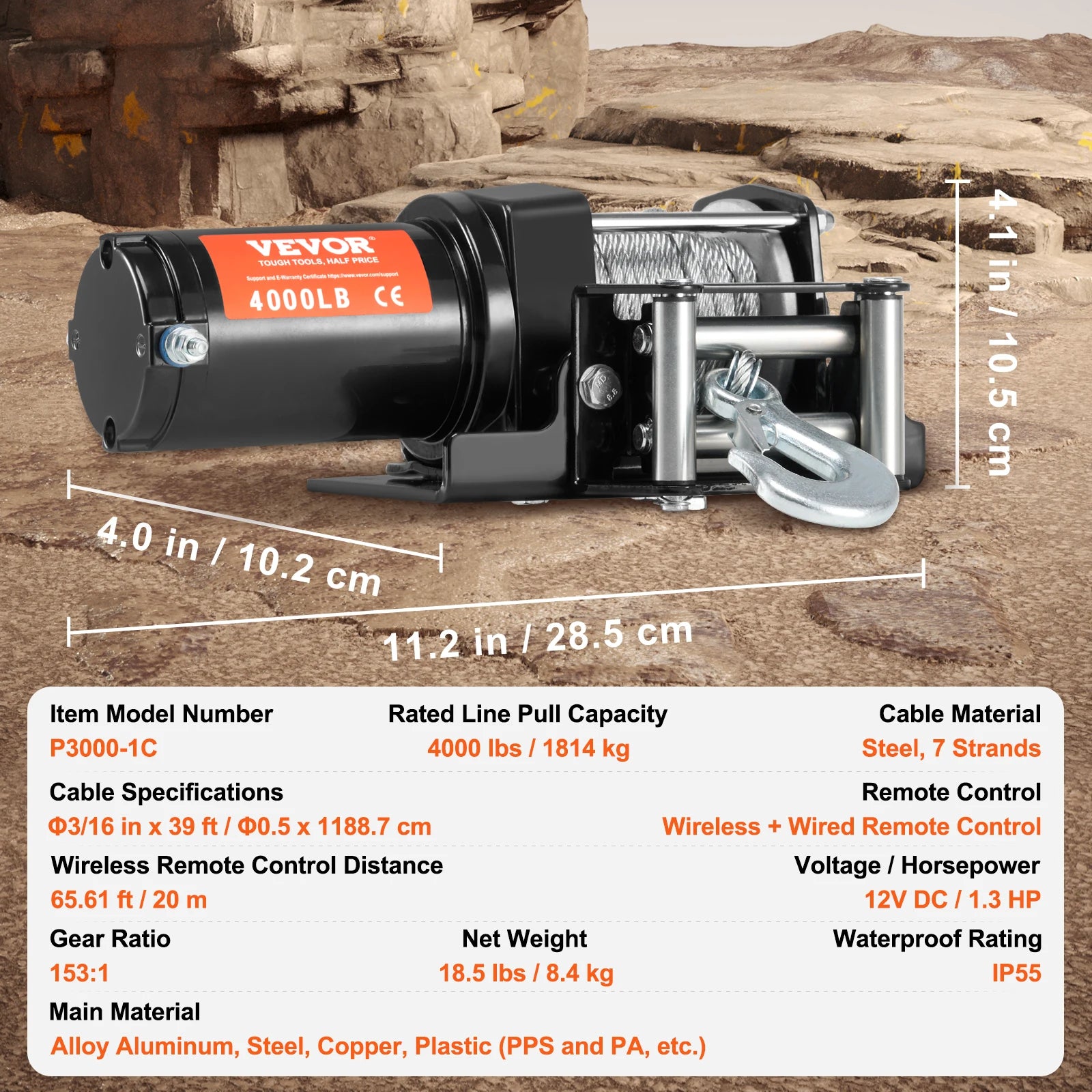 4000lb Electric ATV Winch with Steel Cable & Dual Remote Control