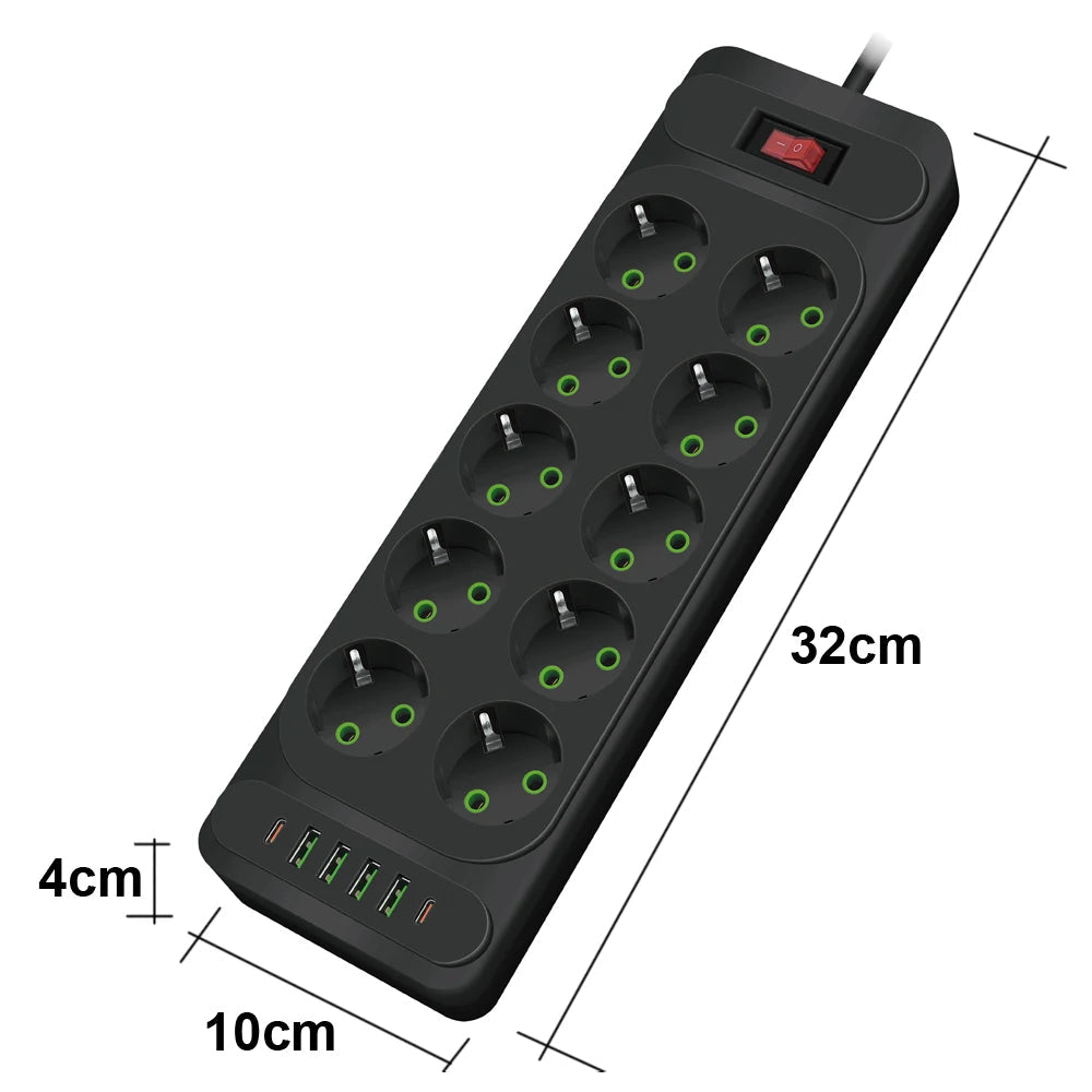 EU Plug AC Outlet Multitap Power Strip 2m Extension Cord Electrical Socket Smart USB Home Office Surge Protector Network Filter