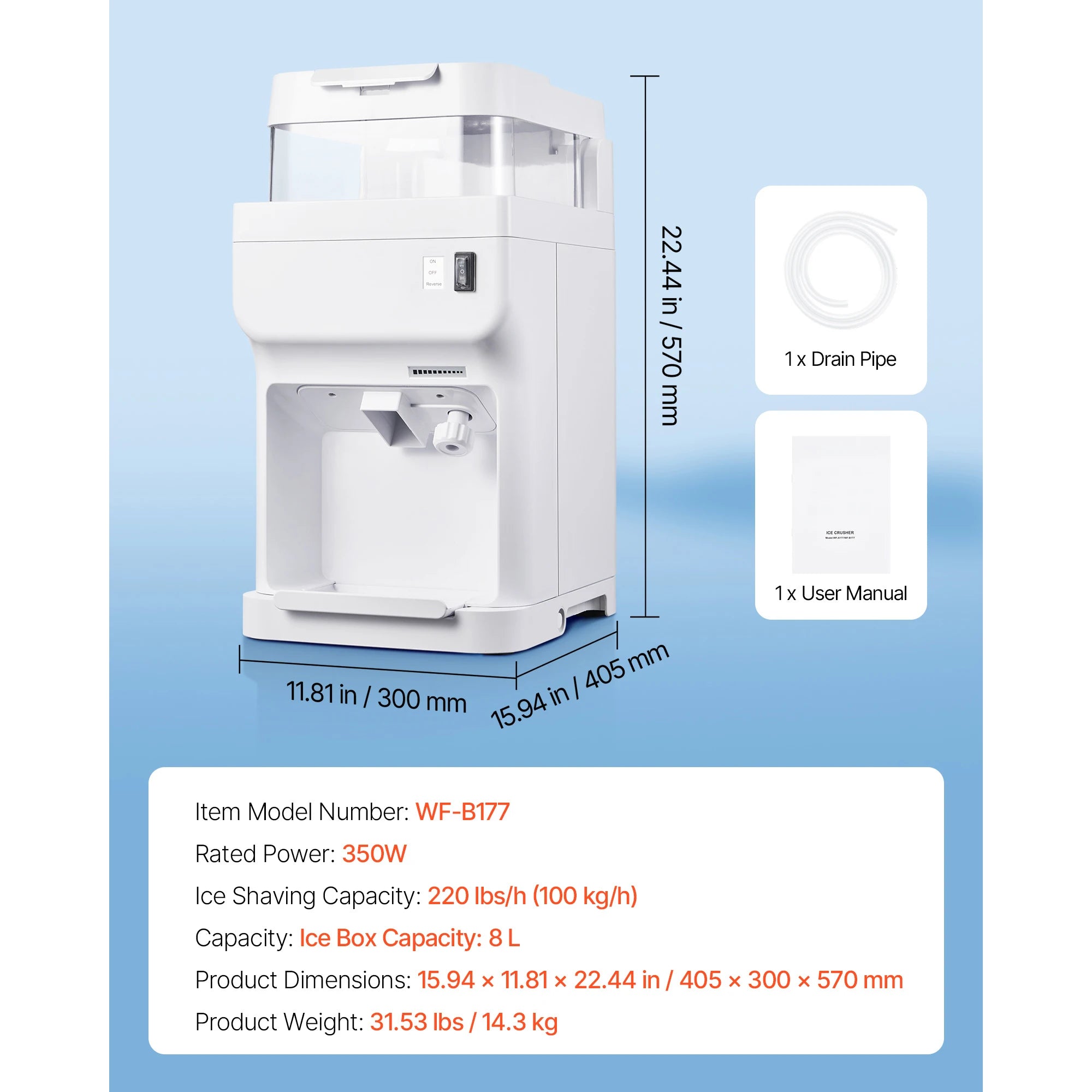 Commercial Ice Shaver Machine 220 lbs/hr Snow Cone Maker 110V