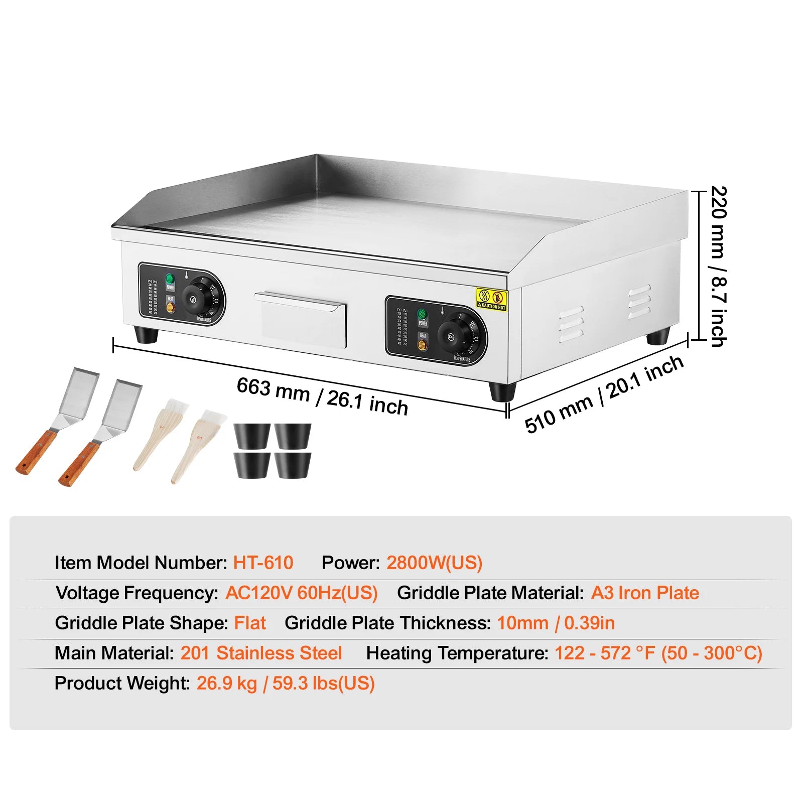 Commercial Electric Griddle 122–572°F Flat Top Countertop Grill