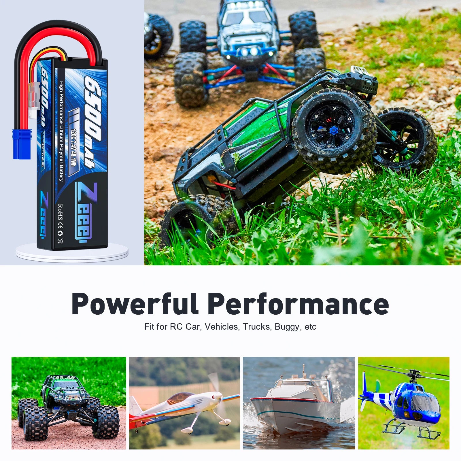 Zeee 2S 6500mAh 7.4V 120C LiPo baterie s tvrdým pouzdrem a konektorem EC5