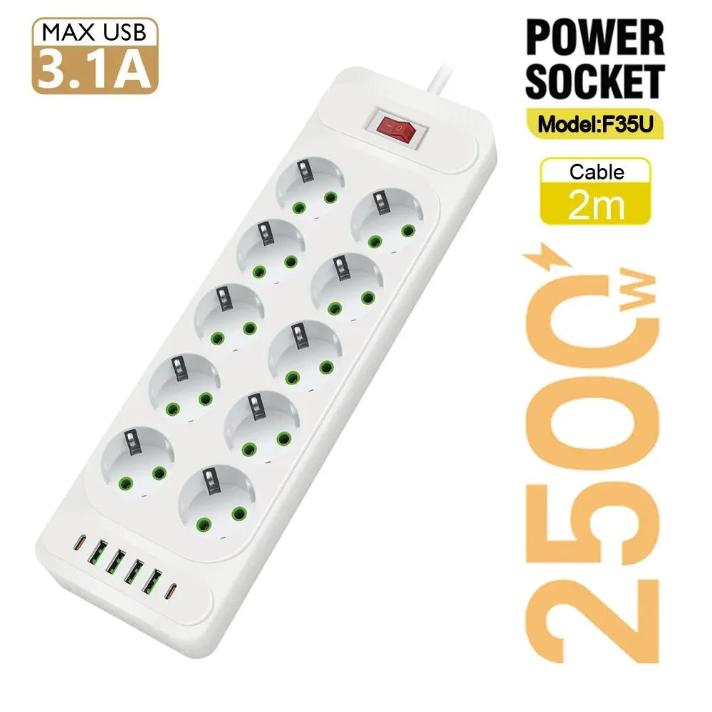 EU Plug AC Outlet Multitap Power Strip 2m Extension Cord Electrical Socket Smart USB Home Office Surge Protector Network Filter