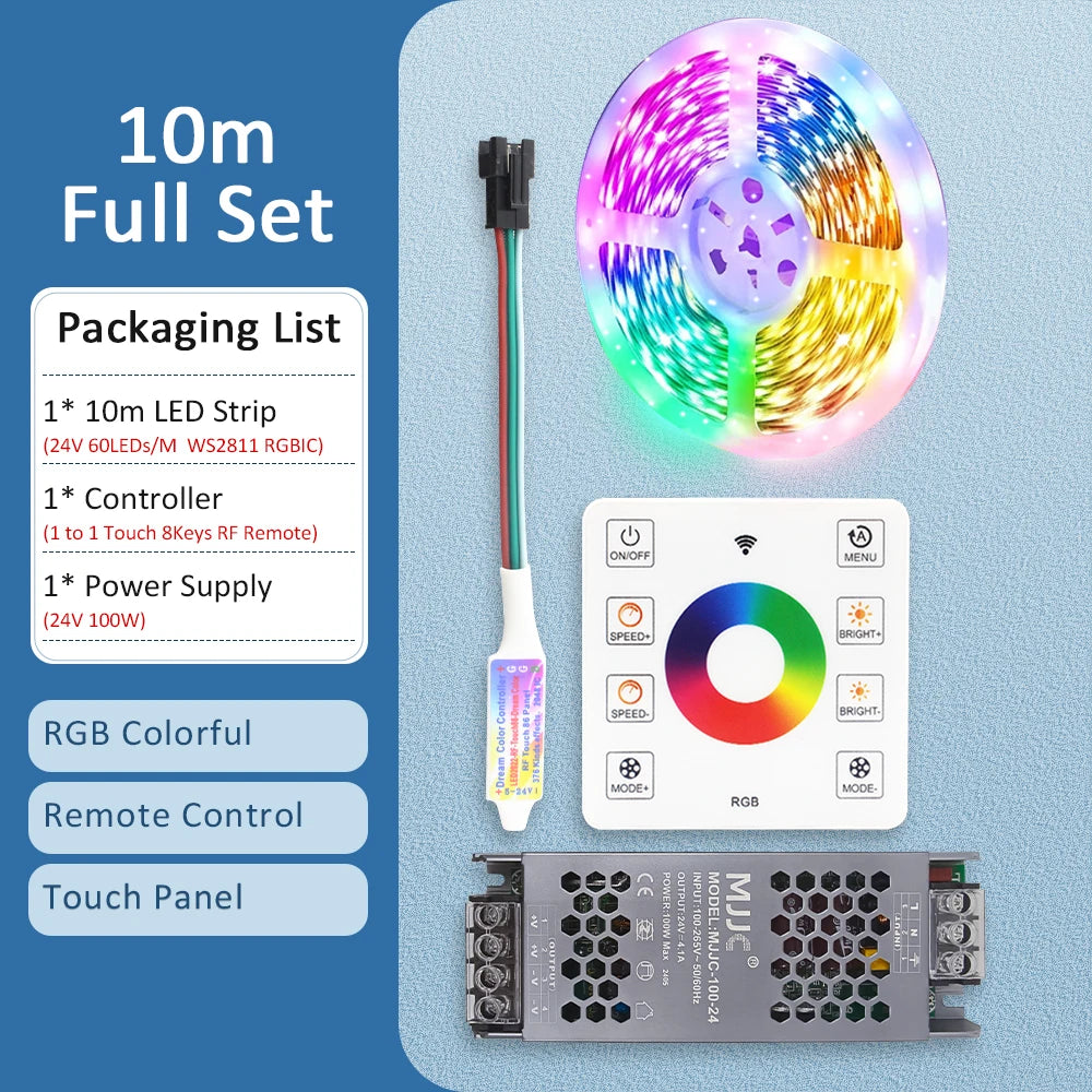 LED-stripe RGBIC 5050 24V WS2811 5M 10M 15M 20M RGB IC løpende vannstrømmende lys tape diodebånd romdekorasjonslampe