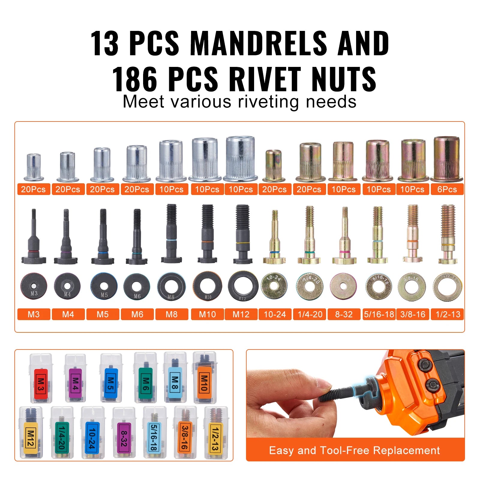 SucceBuy outil rivet nut 14" 16" Rivet Nut Tool kit avec mandrins métriques et SAE 70 pièces/186 pièces Rivet Nuts avec boîtier de transport robuste