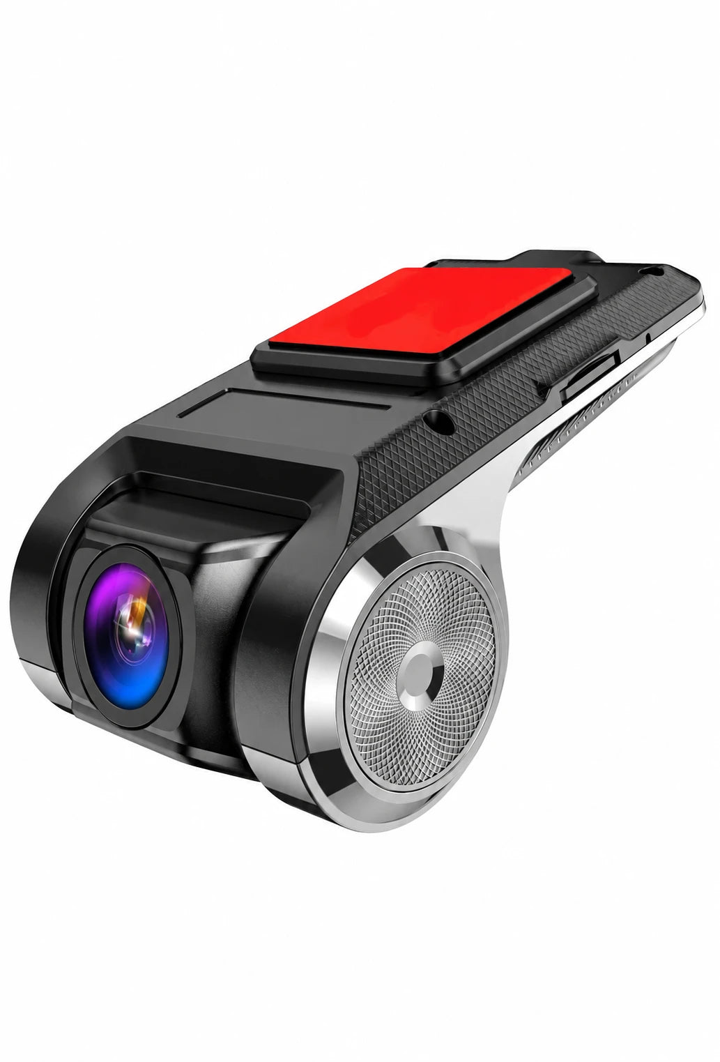 USB dash camera, lens and red mounting pad