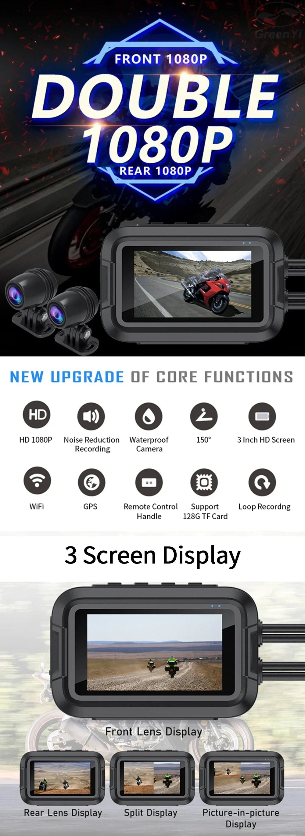 High quality HD 1080P Waterproof Mini Dual Camera Motorcycle Dash Cam DVR Camera with Wifi GPS